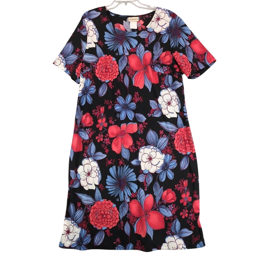 Vintage 90s Expressions Black Red Floral Midi Dress Plus Size 1X Made USA Resort